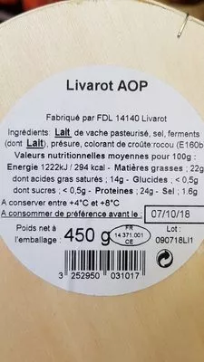 Lista de ingredientes del producto Livarot aop Graindorge 