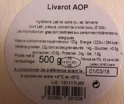 Lista de ingredientes del producto Livarot 45 % Aoc Laîches Naturelles Lait Cru GRAINDORGE 