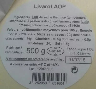 Lista de ingredientes del producto Livarot AOP  