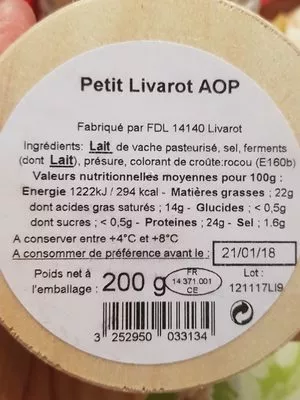 Lista de ingredientes del producto Livarot E. Graindorge, Graindorge 200 g