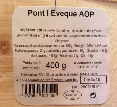 Lista de ingredientes del producto Pont l'Évêque AOP E.Graindorge, Graindorge, Lactalis 400g