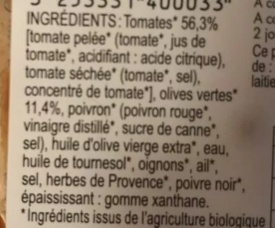 Lista de ingredientes del producto Tartinade de tomates aux olives vertes Cruscana 100g