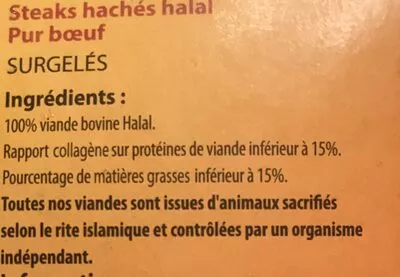 Lista de ingredientes del producto 10 Steaks hachés halal pur boeuf Surgelés Al Jayid 800 g