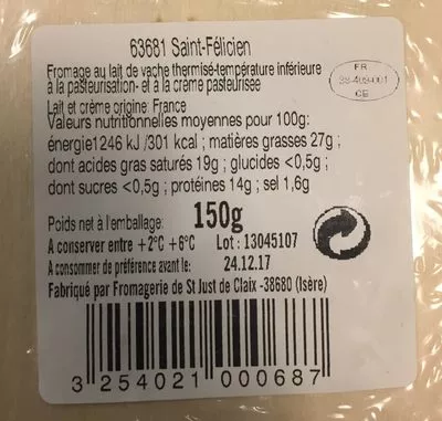 Lista de ingredientes del producto Saint Felicien Barquette en bois Saint Felicien 150 g