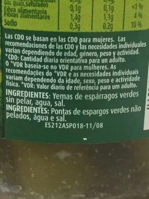 Lista de ingredientes del producto Asperge Gigante Verde 