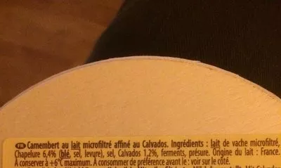 Lista de ingredientes del producto Camembert affiné au calvados (22% MG) Isigny Ste Mère 250 g