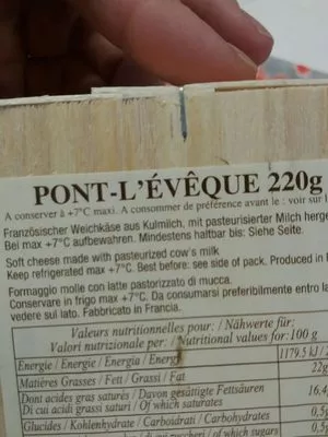 Lista de ingredientes del producto pont l évêque isigny ste mère 220 g