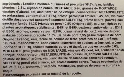 Lista de ingredientes del producto Petit sale au lentilles Auchan 