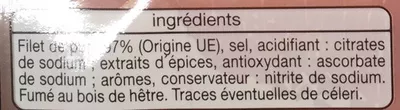 Lista de ingredientes del producto Filet de bacon fumé Auchan 120 g