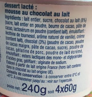 Lista de ingredientes del producto Mousse au Chocolat au Lait Auchan 240 g (4 * 60 g)