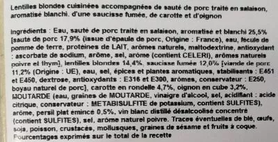 Lista de ingredientes del producto Petit salé aux lentilles Auchan 1kg