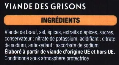 Lista de ingredientes del producto Viande des grisons Auchan 70 g (10 tranches)