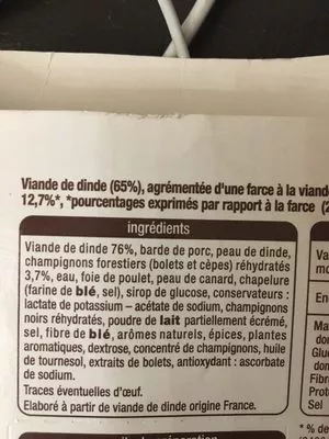 Lista de ingredientes del producto Roti de dinde farce aux champignons forestiers Auchan 800 g