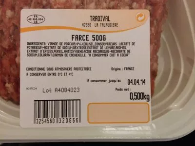 Lista de ingredientes del producto Farce à Légumes, Pur Porc L'oiseau, Auchan, Auchan Production, Groupe Auchan 500 g