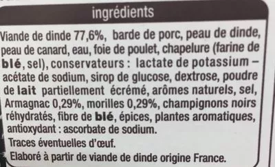 Lista de ingredientes del producto Rôti de dinde farci morilles armagnac Auchan 800g