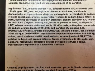 Lista de ingredientes del producto Petit salé aux lentilles  