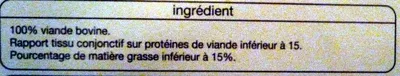 Lista de ingredientes del producto Steaks Hachés 100% pur boeuf 15% Matières Grasses Auchan 1 kg 