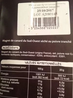 Lista de ingredientes del producto Auchan Mmm Magret Canard Seche Auchan 