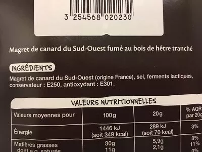 Lista de ingredientes del producto Magret de Canard du Sud-Ouest Auchan 80 g