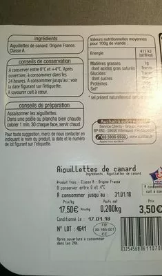 Lista de ingredientes del producto Aiguillettes de canard Auchan 200 g