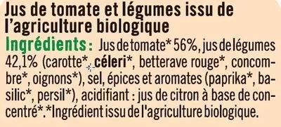 Lista de ingredientes del producto Jus de légumes salé Bio U Bio,  U 75 cl