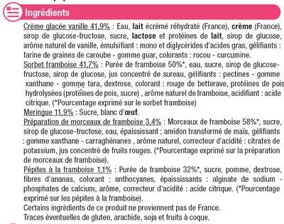 Lista de ingredientes del producto Vacherin glacé vanille framboise U 545 g