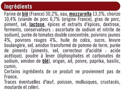 Lista de ingredientes del producto Pizza Chorizo U 345 g