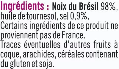 Lista de ingredientes del producto Noix du Brésil grillées salées U 100 g