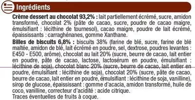 Lista de ingredientes del producto Crème dessert au chocolat et billes au chocolat U 4 x 117 g