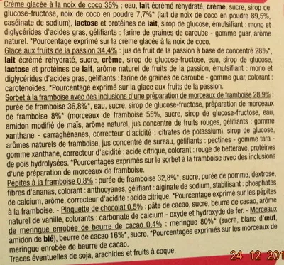 Lista de ingredientes del producto Bûche glacée Passion, Coco, Framboise U 1 l ou 533.1 g pour 8 à 10 parts