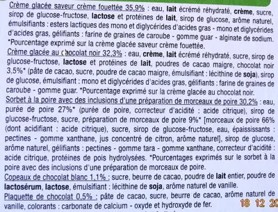 Lista de ingredientes del producto Bûche glacée parfum poire-chocolat facon belle Hélène U 530 g