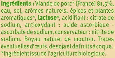 Lista de ingredientes del producto Saucisses de Francfort Bio U Bio,  U x4 soit 200 g