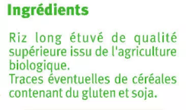 Lista de ingredientes del producto Riz long étuvé U,  U Bio 500 g