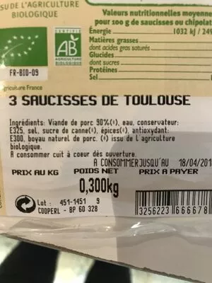 Lista de ingredientes del producto Saucisse de Toulouse U Bio, U 3 pièces, barquette, 300 g