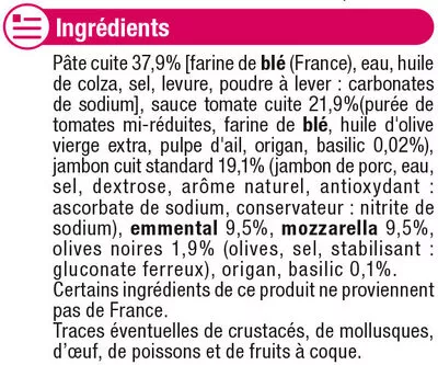 Lista de ingredientes del producto Pizza au jambon, emmental et mozzarella U 475 g