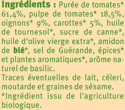 Lista de ingredientes del producto Sauce provencale au légumes Bio U Bio,  U 420 g