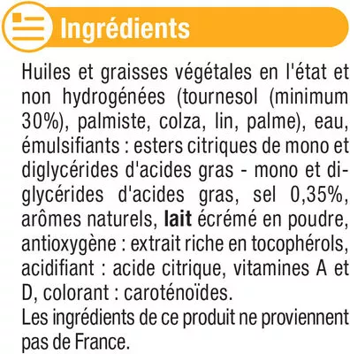 Lista de ingredientes del producto Margarine allégée de cuisson au tournesol 60%MG U 500 g