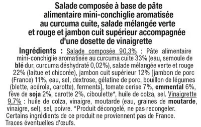 Lista de ingredientes del producto Salade pâtes jambon emmental et crudités U 310 g