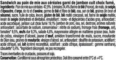 Lista de ingredientes del producto Sandwich gourmand jambon fumé crudités oeuf ciboulette U 210 g