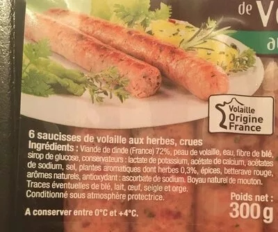 Lista de ingredientes del producto Saucisse de volaille aux herbes U 6 pièces, 300 g