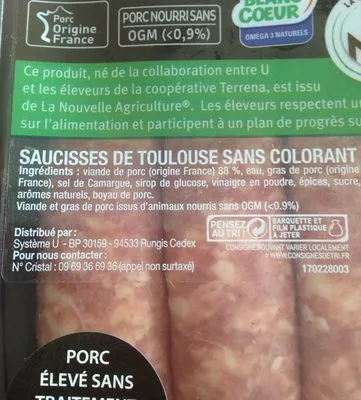 Lista de ingredientes del producto Saucisse toulouse gros grain U 4 pièces, barquette, 500 g