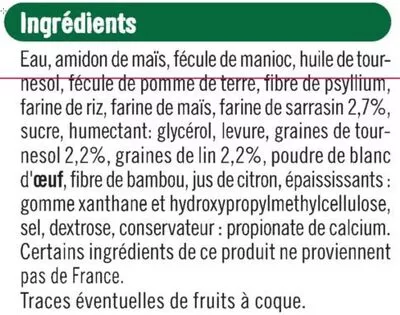 Lista de ingredientes del producto Pains aux graines sans gluten U Sans Gluten,  U 260 g