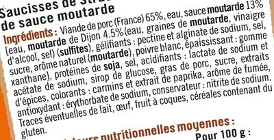 Lista de ingredientes del producto Saucisses cocktail fumées moutarde U 200 g