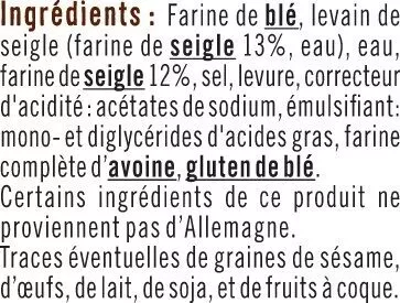 Lista de ingredientes del producto Pain tranché au seigle U 500 g