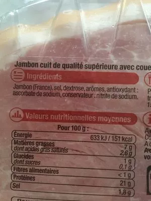 Lista de ingredientes del producto Jambon cuit supérieur avec couenne U 4 tranches fines, 120 g