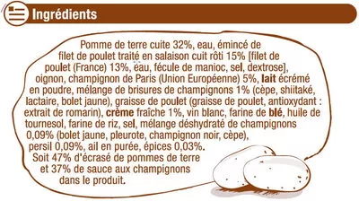 Lista de ingredientes del producto Ecrasé pommes de terre et poulet sauce champignon U 300 g