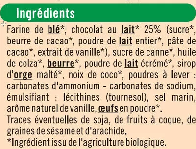 Lista de ingredientes del producto Sablés nappés au chocolat au lait U Bio, U 200 g