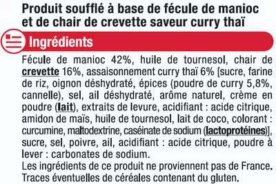 Lista de ingredientes del producto Chips aux crevettes saveur curry thaï U 50 g