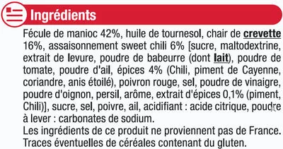 Lista de ingredientes del producto Chips aux crevettes saveur sweet chili U 50 g