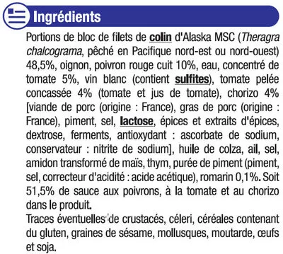 Lista de ingredientes del producto Colin d'Alaska sauce poivrons et chorizo U 400 g